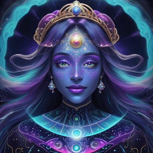 Happy Woman Laughing in Cosmic Holographic Illustration