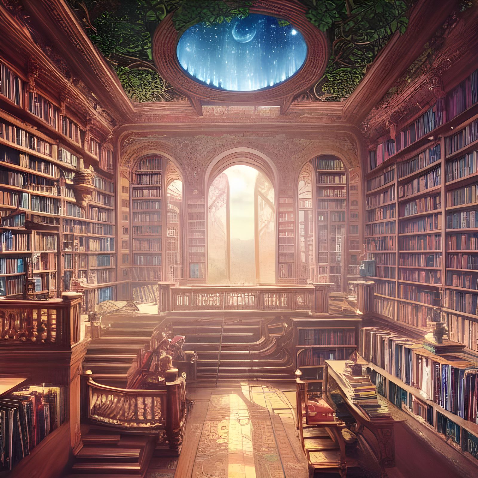 Enigmatic Library with Rainbow Books, Digital Illustration