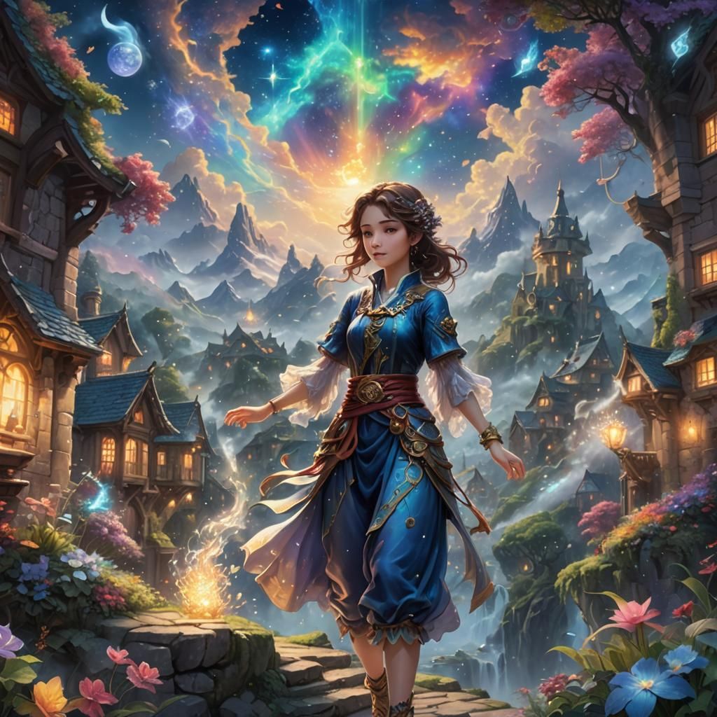 Ethereal Fantasy: Wielding Elements in Cosmic Illustration