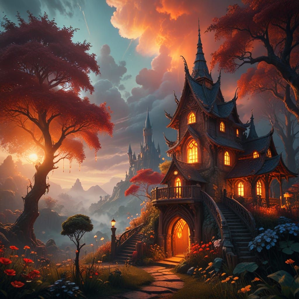 Ethereal Gothic Fantasy Village in Dreamy Golden Light