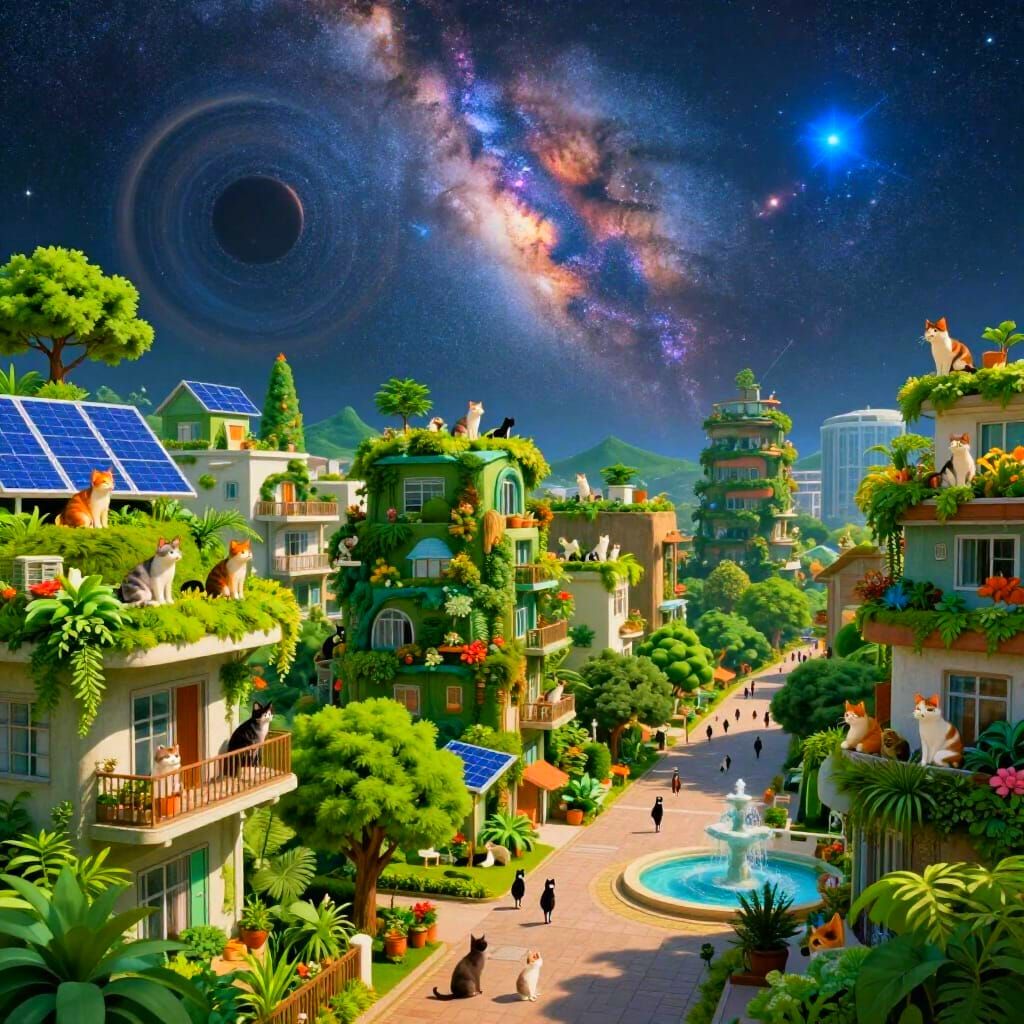 Futuristic Cat City with Cosmic Sky in Matte Painting Style