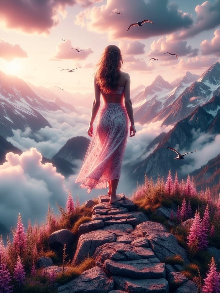 Ethereal Goddess Ascends Celestial Staircase in Hyperrealist...