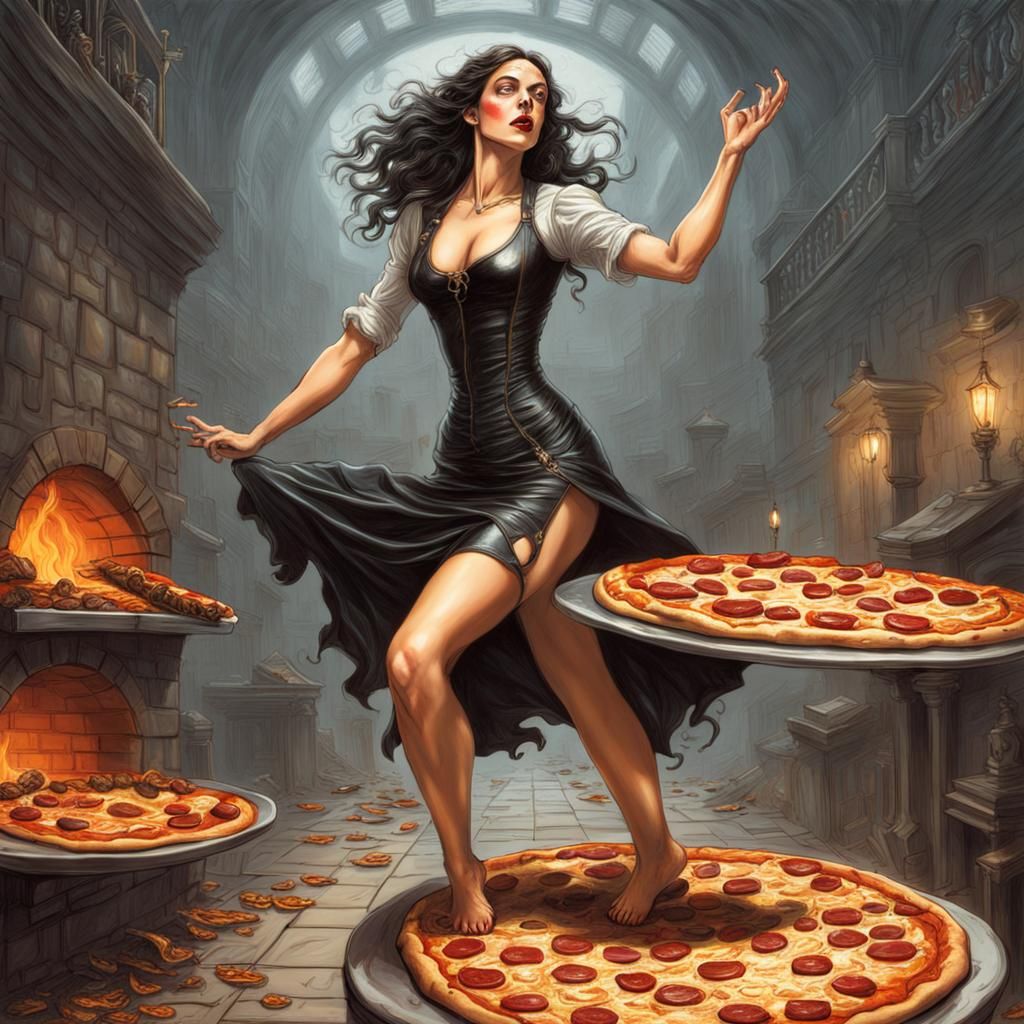 Brunette Dances on Pizza in Horror Art Style
