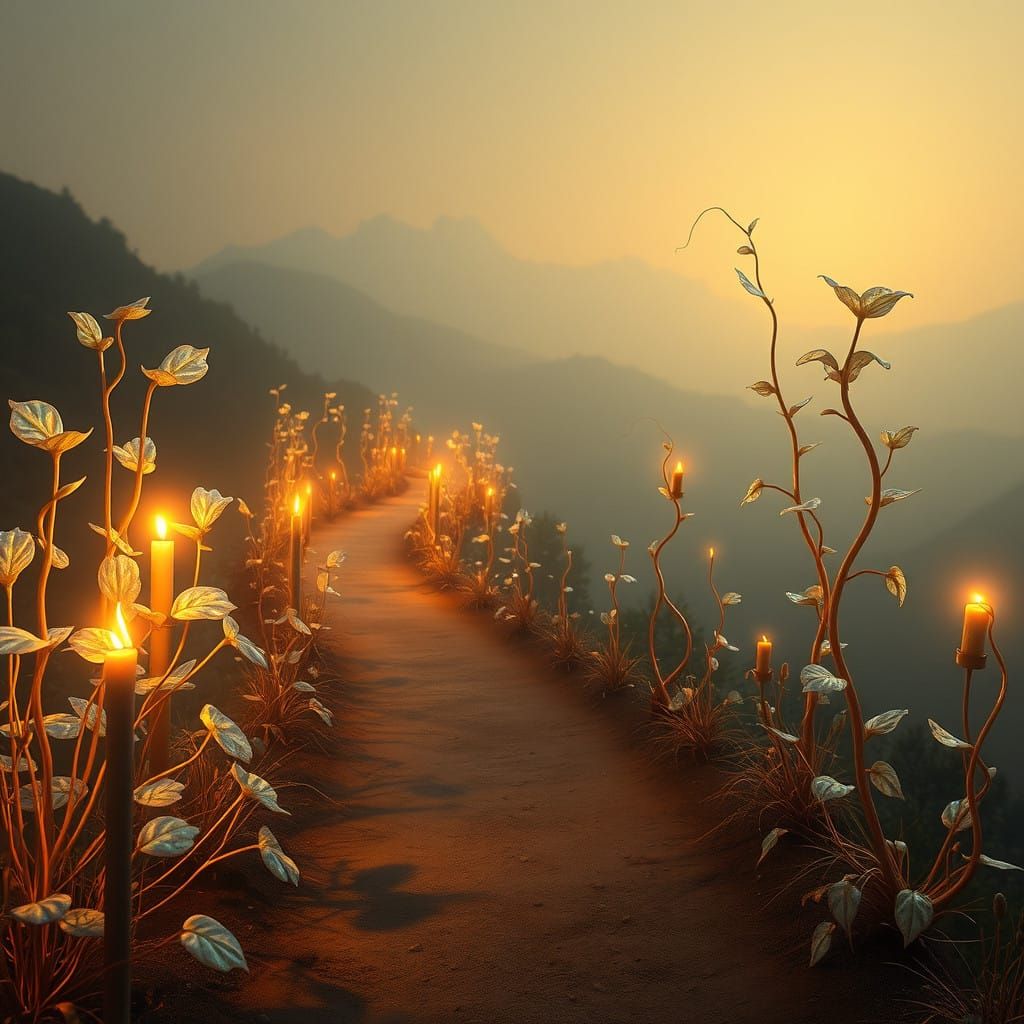 Surreal, Glowing Plants Line Candlelit Pathway in Ethereal L...