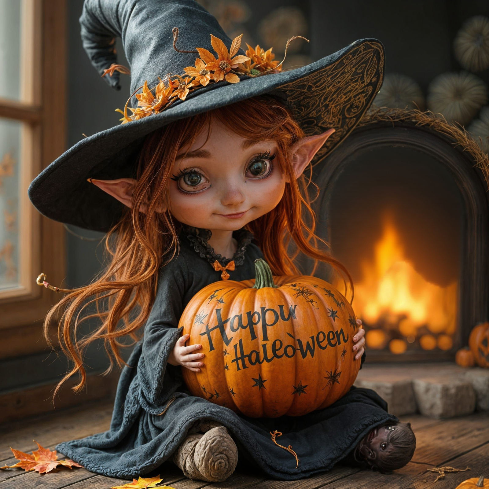 Little elven witch holding a pumpkin