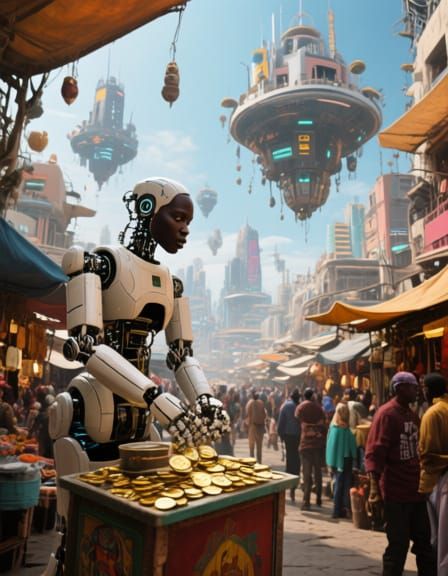 Afrofuturist Robot Fortune-Teller in Floating City Bazaar