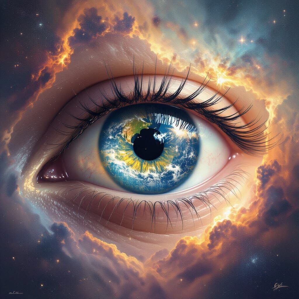 Giant Eye Reflecting Earth in Cosmic Nebula