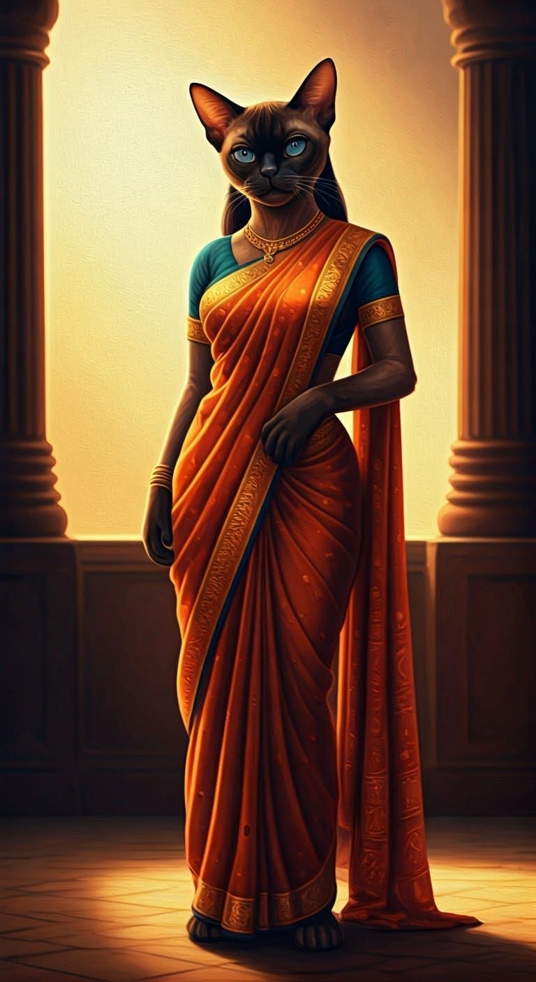 Elegant Burmese Kitten in Formal Sari: Oil Painting