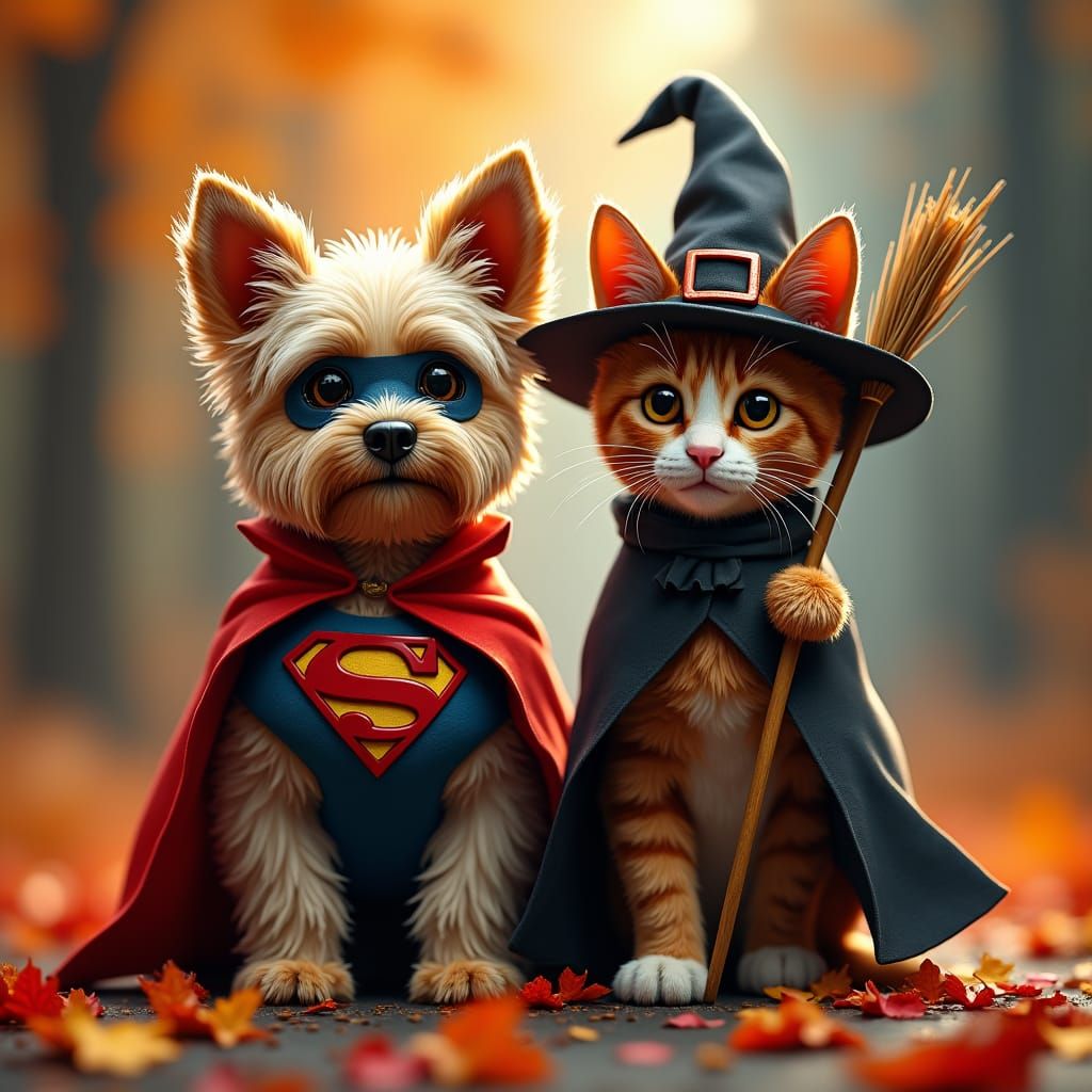 Dog and Cat in Halloween Costumes, Digital Art
