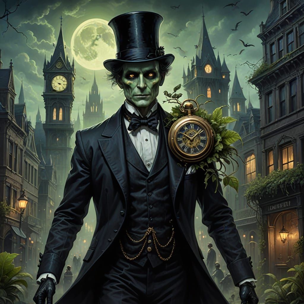 Spectral Victorian Gentleman in Gothic Alien City