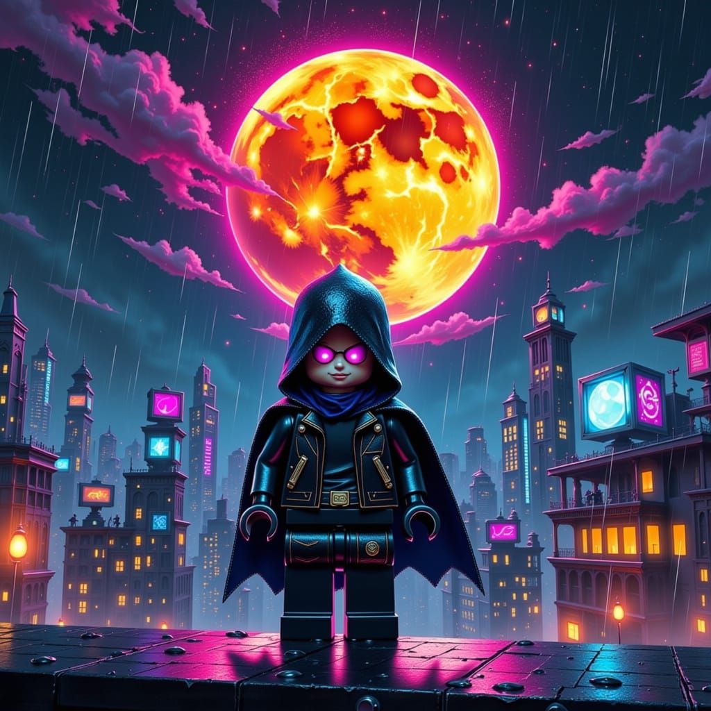 Cyberpunk Lego Elf Thief on Neon Rooftop