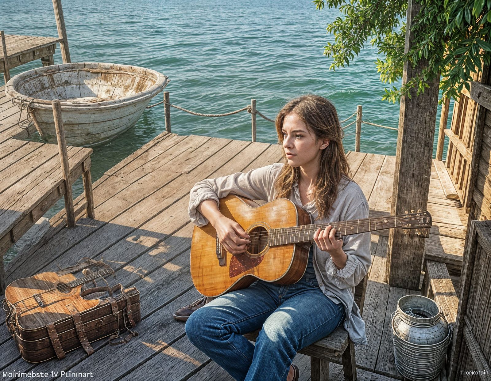 Musician on Dock at Sunset in Impressionist Style