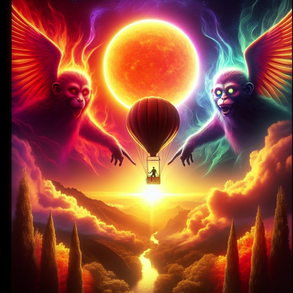 Whimsical Balloon Rides with Mysterious Winged Monkeys