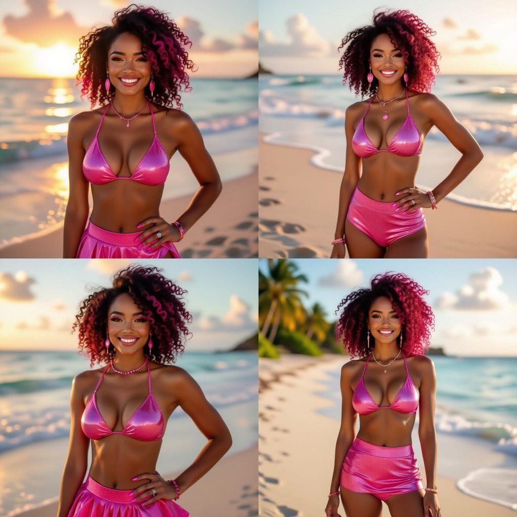 Dominican Woman in Pink Glitter Bikini on Beach