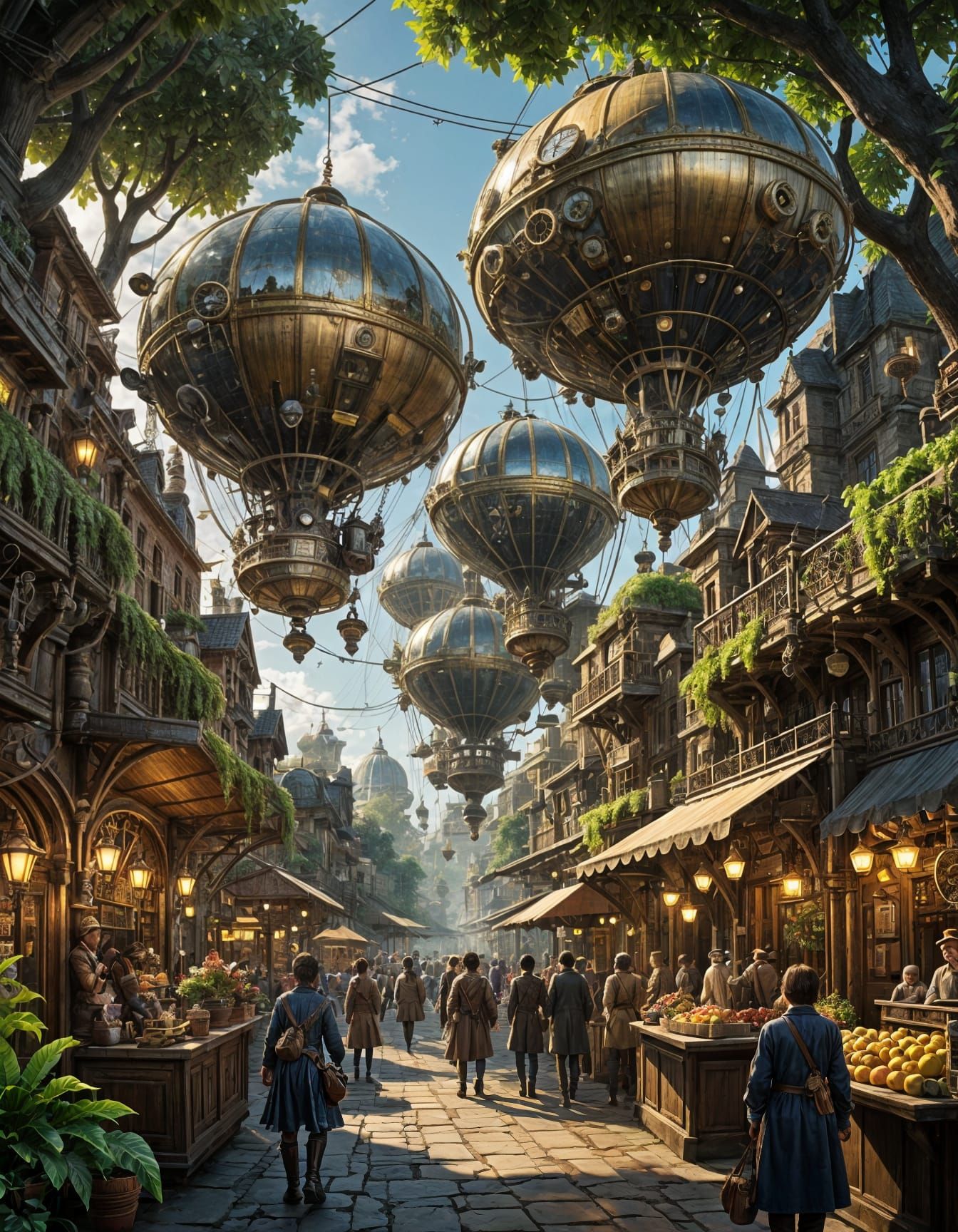 Steampunk Tree City Marketplace with Airships and Automatons