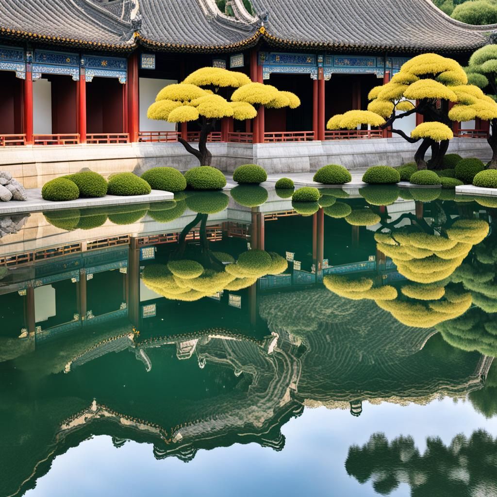Reflections of Flowers in Chinese Garden Pool