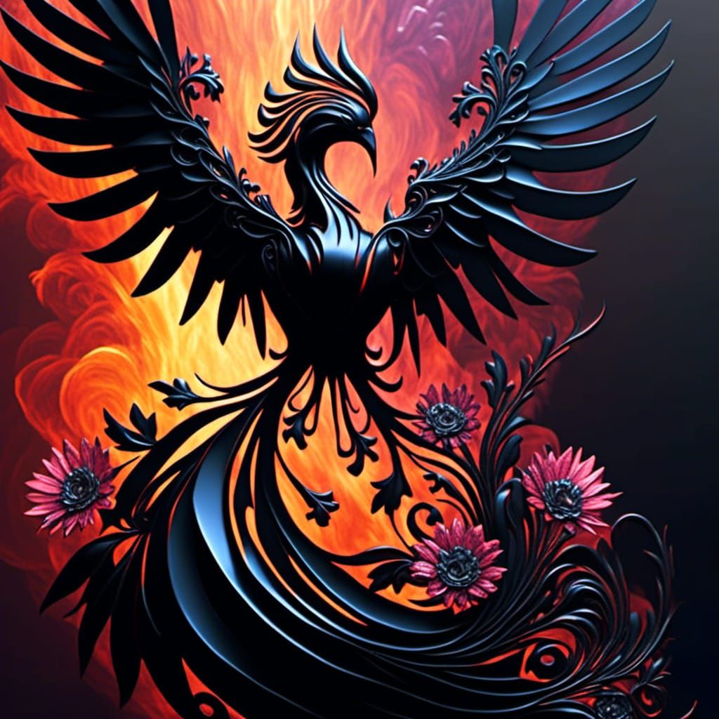 Metallic Phoenix Rises Over Flowers