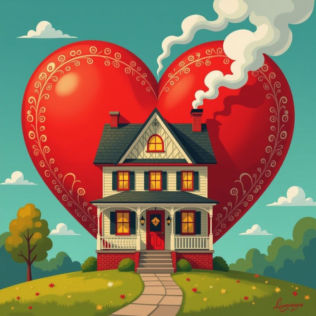 Red Heart Embraces Cozy House, Folk Art Style