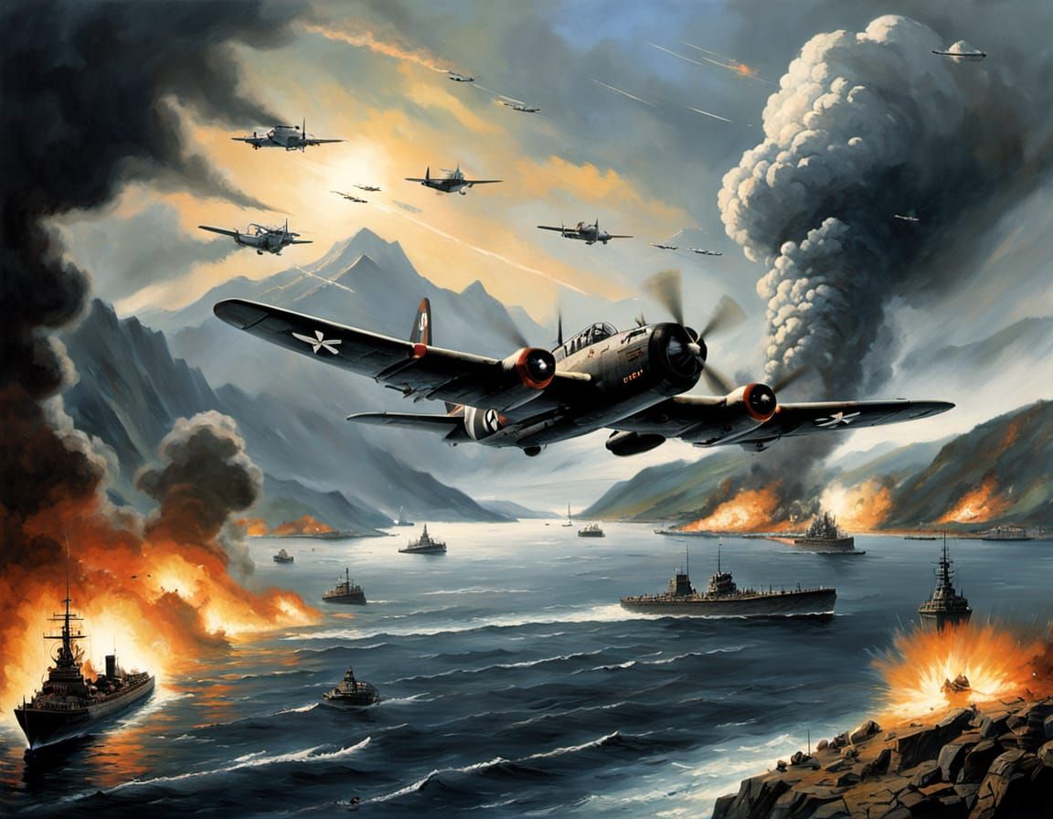 WWII Aerial Combat Art: Lancaster Bombers Attack Tirpitz in ...