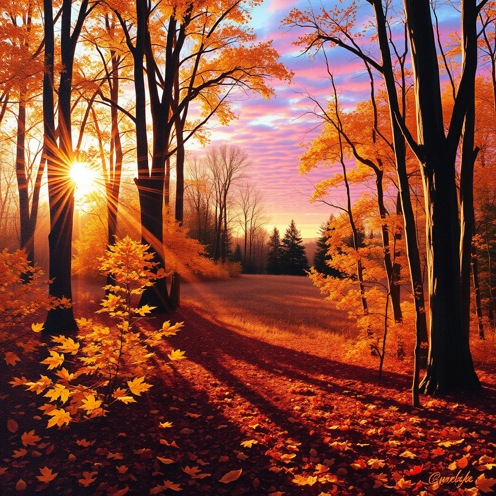 Autumn Sunset Through the Trees in Impressionist Style