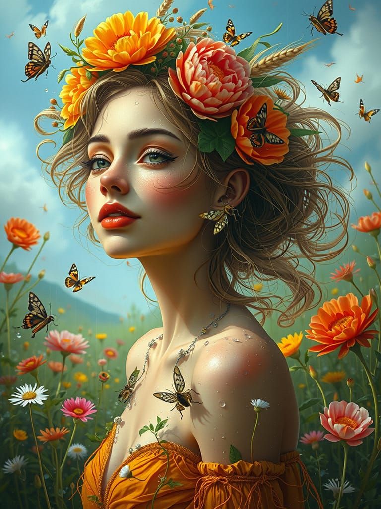 Ethereal Woman in Blooming Meadow, Inspired by Burton