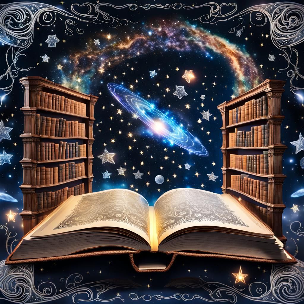 Enchanted Book with Magic Light and Galaxy Sky
