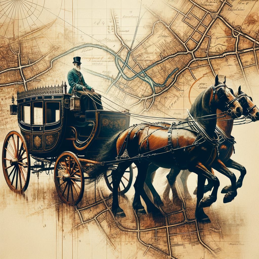 Double Exposure: Horse Carriage on Vintage Road Map