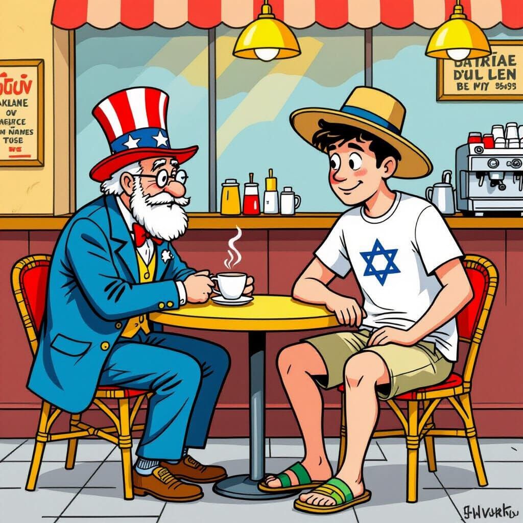 Srulik and Uncle Sam in Dosh Cartoon Style