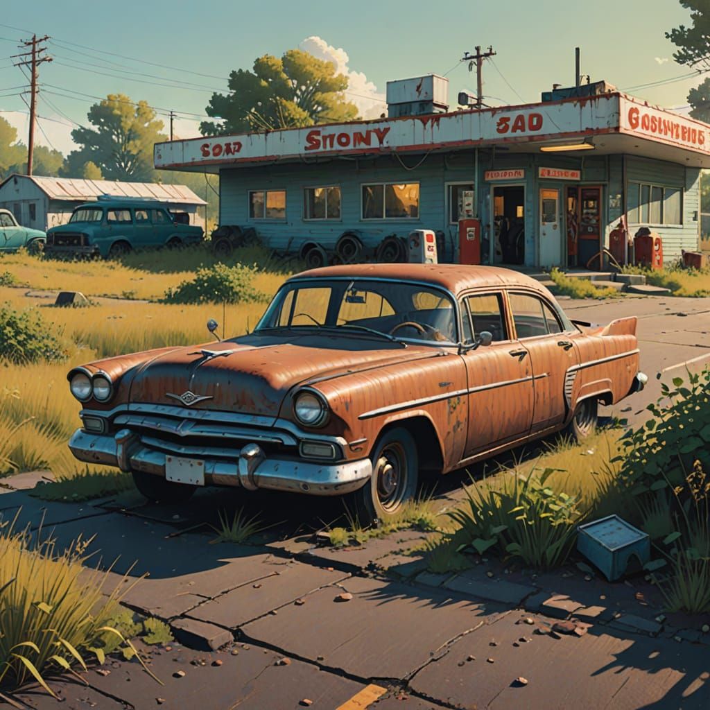 Rusty Vintage Car on Deserted Highway