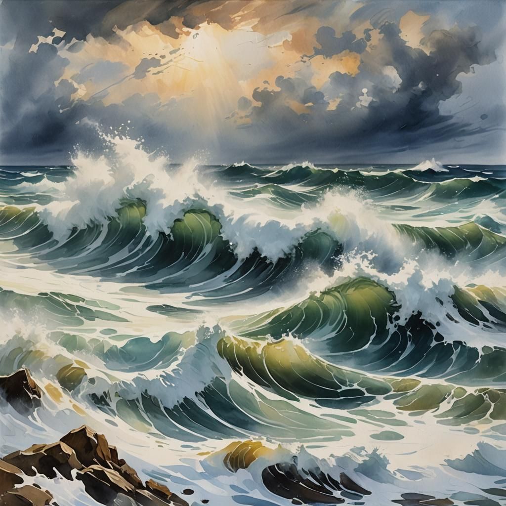 Gouache Masterpiece: Blizzard's Fury on Turbulent Waves