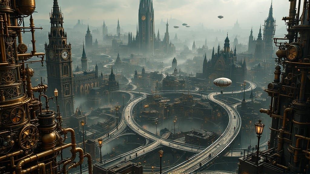 Steampunk Metropolis of Interconnected Brass and Copper Pipe...