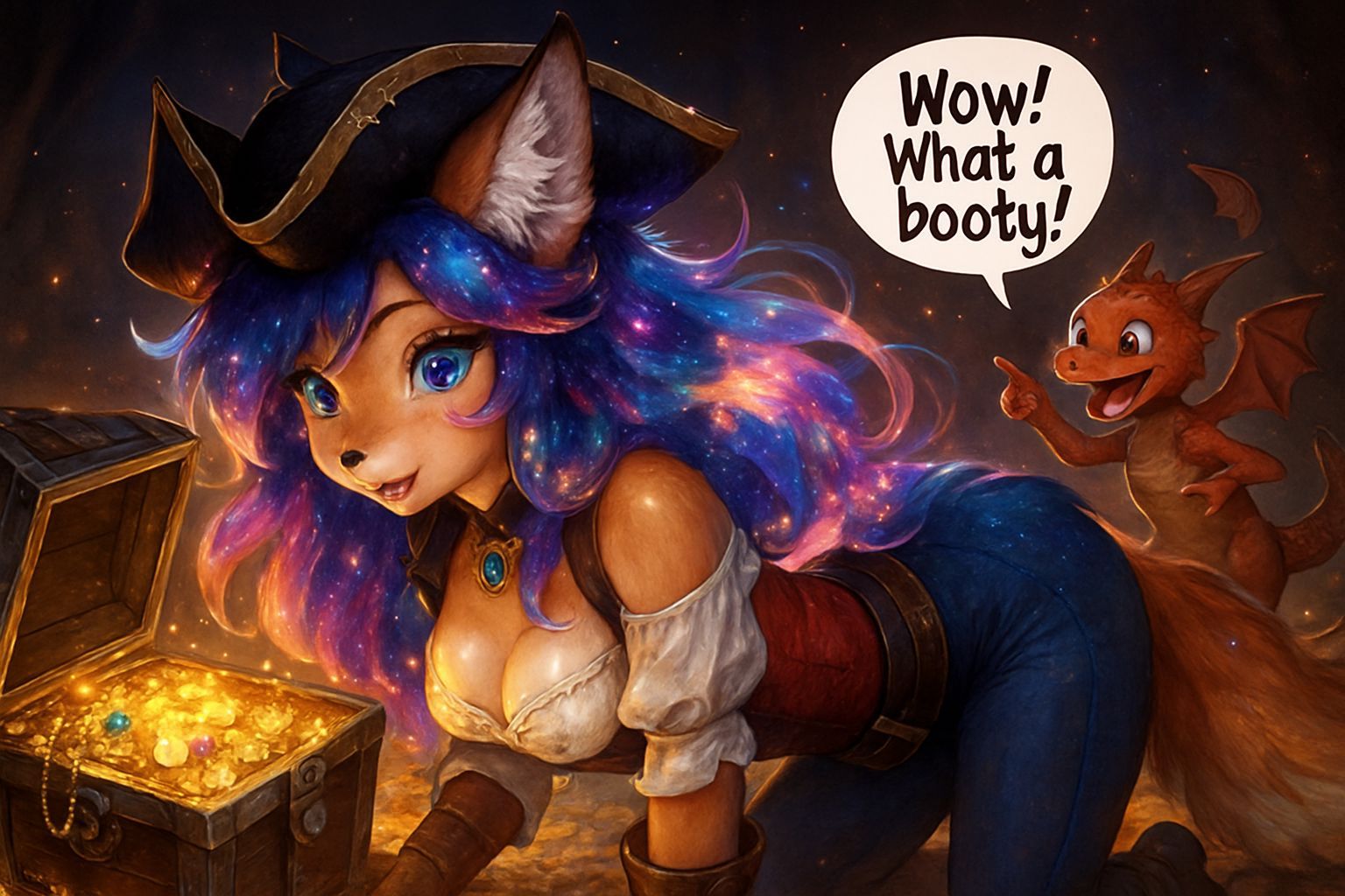 Anthropomorphic Fox Pirate Inspects Treasure, Anime Illustra...