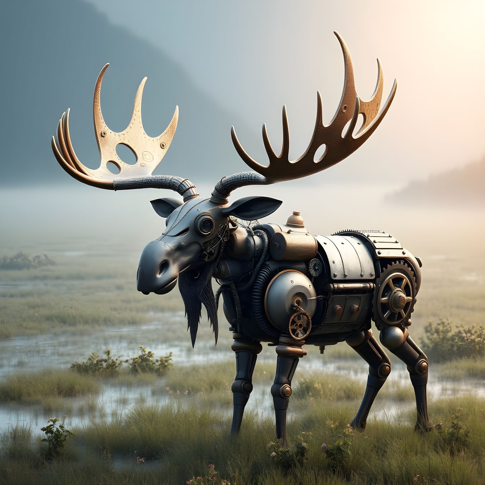 Steampunk Moose Sculpture in Alaskan Meadow