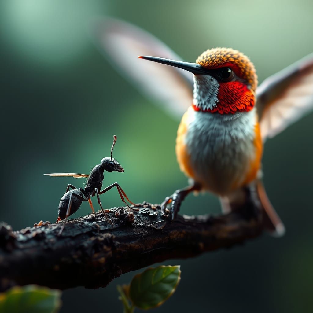 Tiny Ant and Hummingbird in Detailed Matte Painting