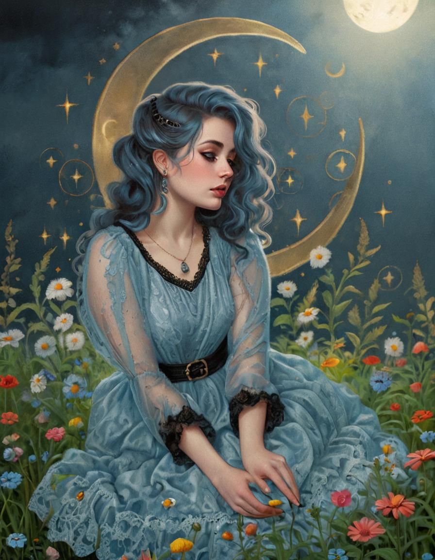 Gothic Woman in Lace Dress with Crescent Moon