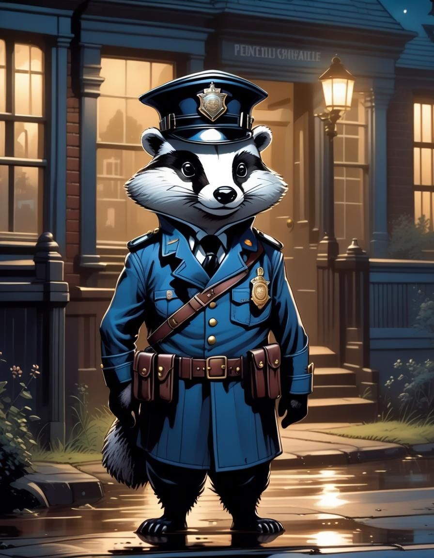Badger Constable Standing Guard in Victorian Town