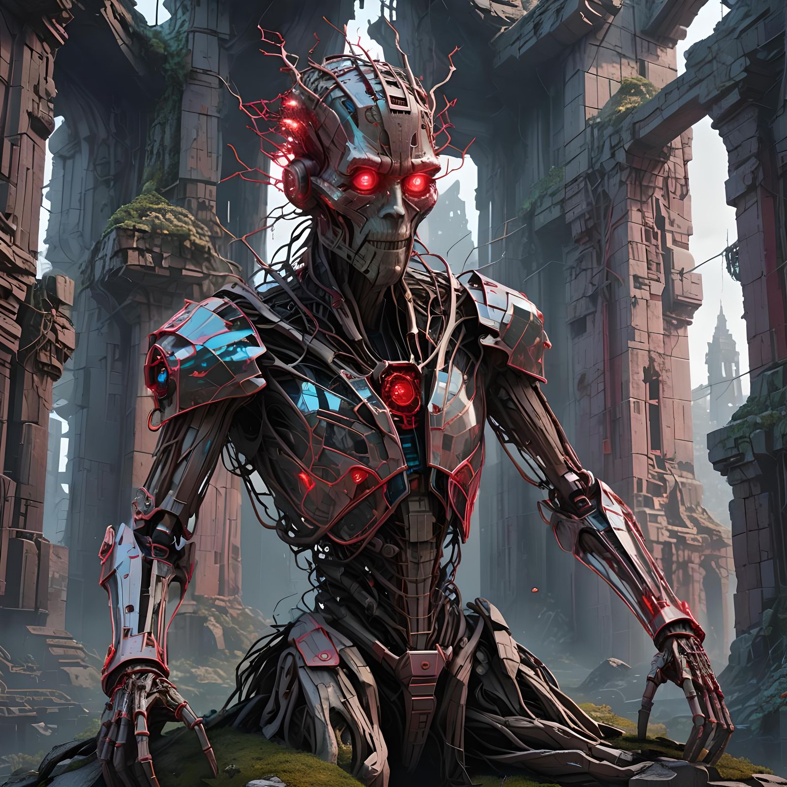 Cyberpunk Robot in Medieval Ruins with Neon