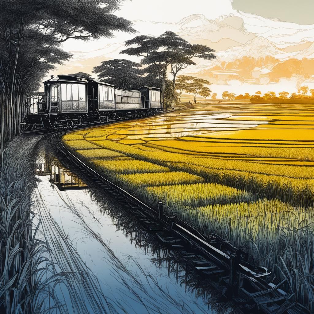 Rice Fields and Locomotive in Double Exposure Style
