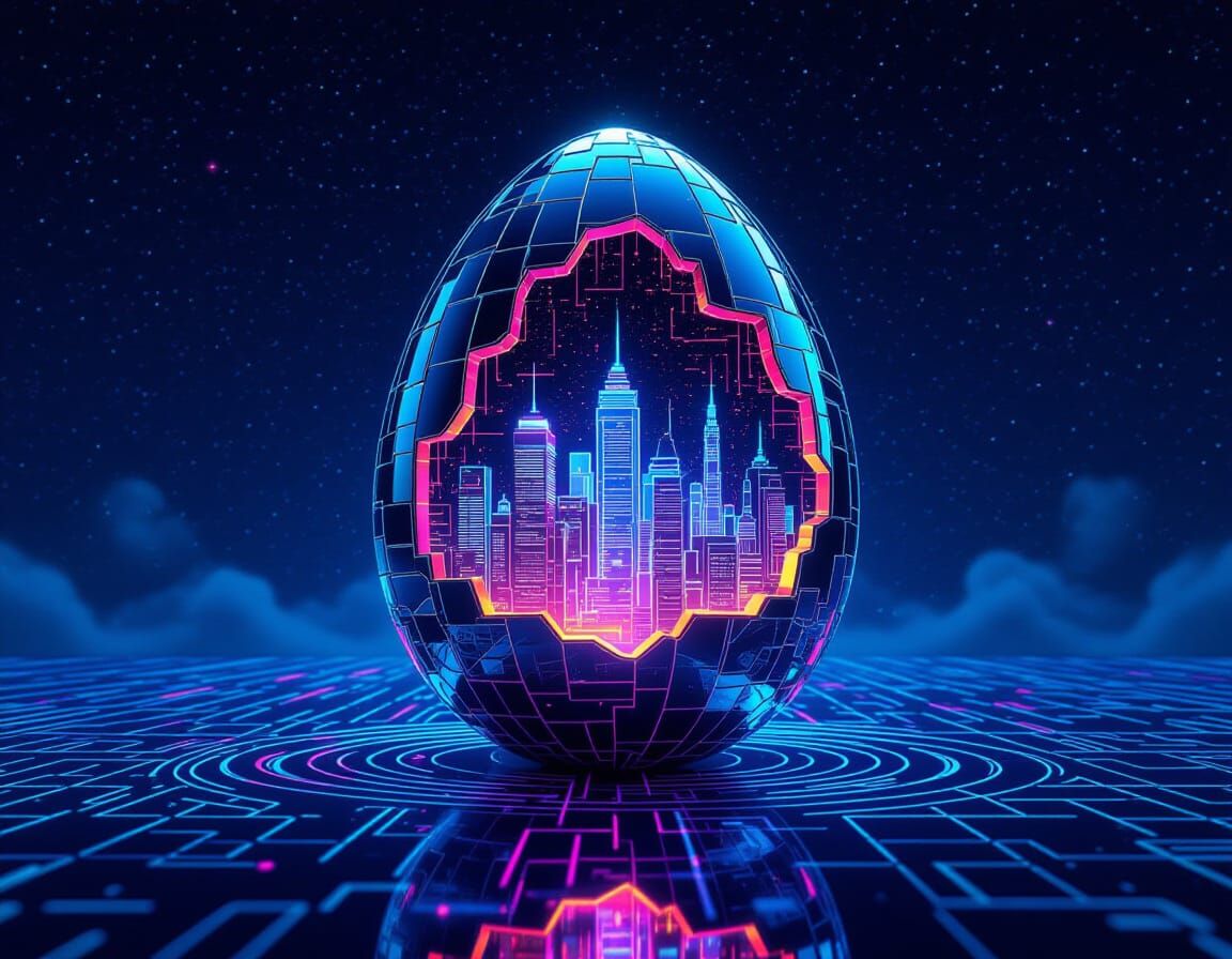 Futuristic Metropolis in Cracked Egg Space Station: Glitchco...