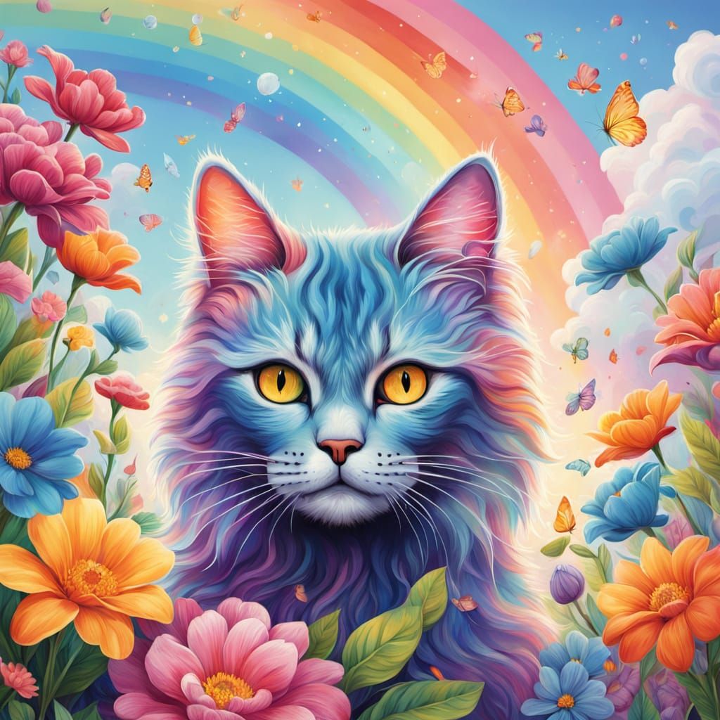 Whimsical Fantasy Cat Sits in Rainbow Flowers