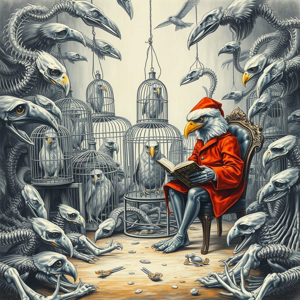 Surreal Landscape of Birds in Metal Cages, Painted in Pencil...