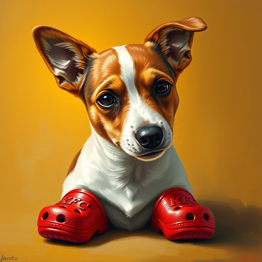 A jack russell terrier wearing kfc crocs