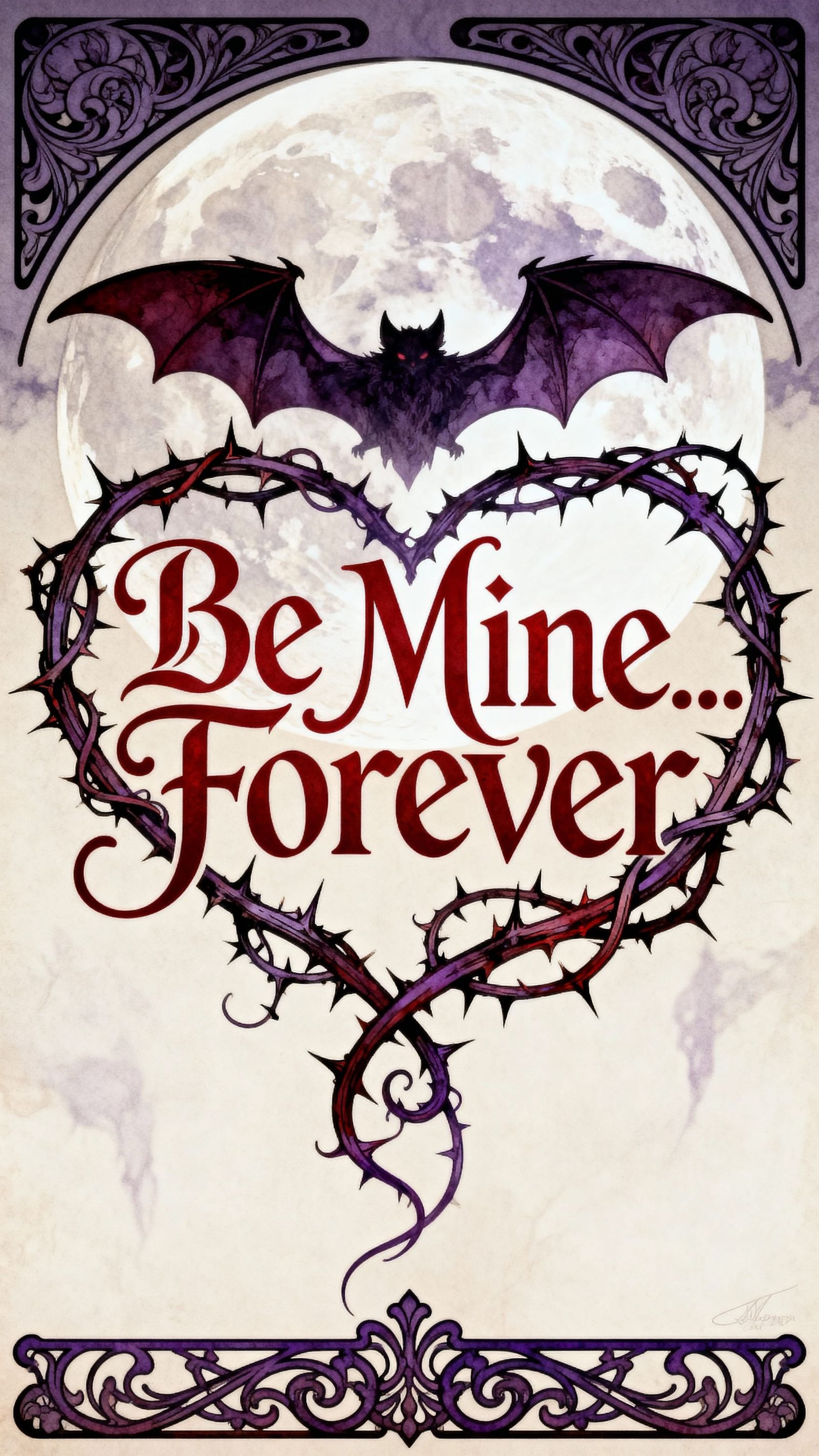 Gothic Valentine Art Nouveau Lettering in Crimson and Violet