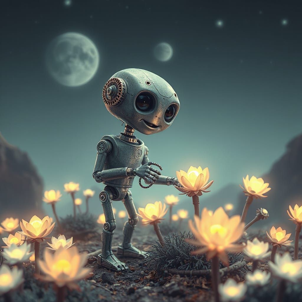 Vintage Robot Gardener on Alien World