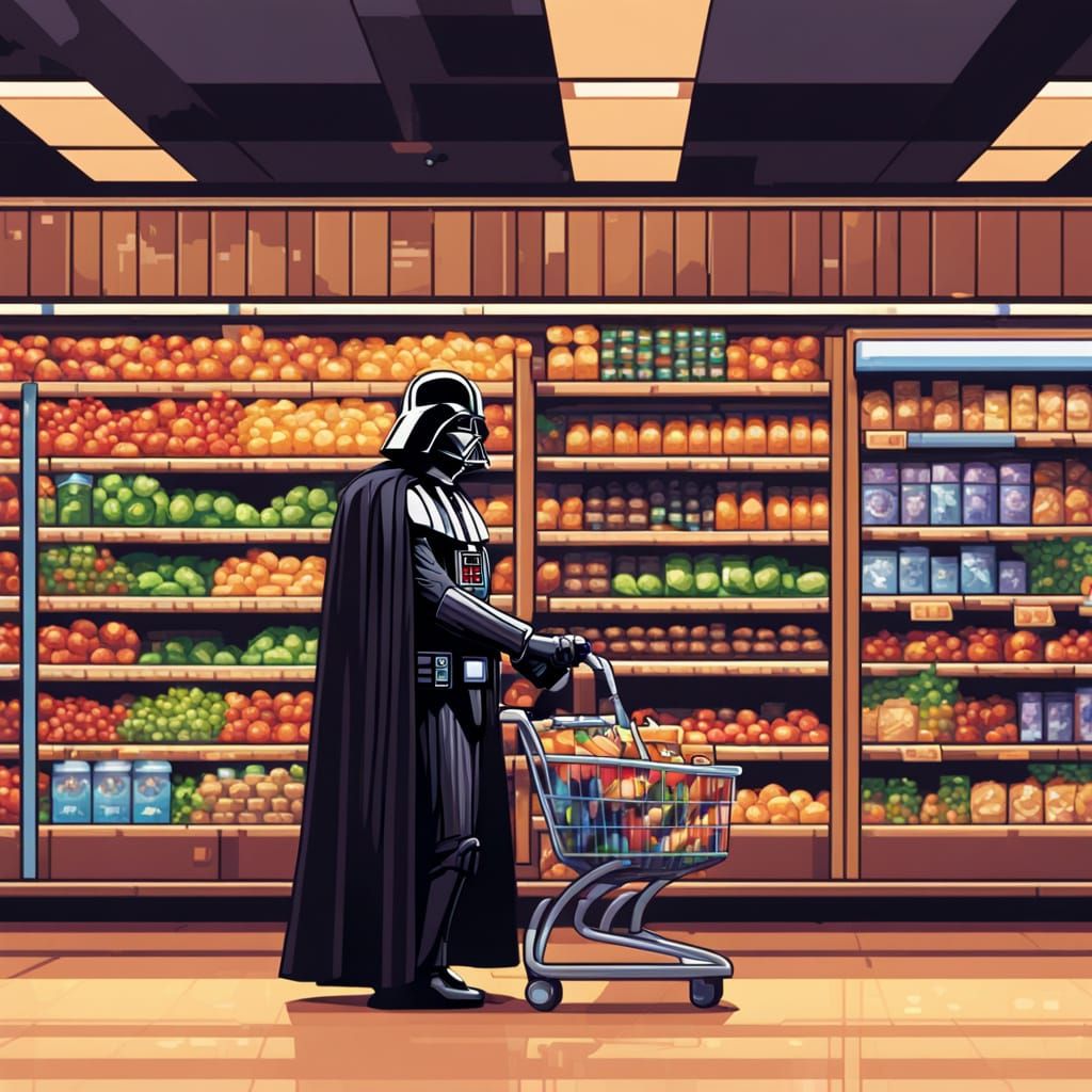 Pixel Art Portrait of Darth Vader in Grocery Store