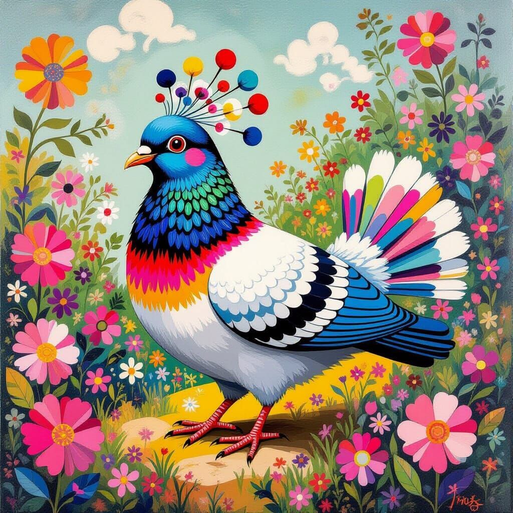 Whimsical Pigeon in a Garden, Pop Surrealism Style