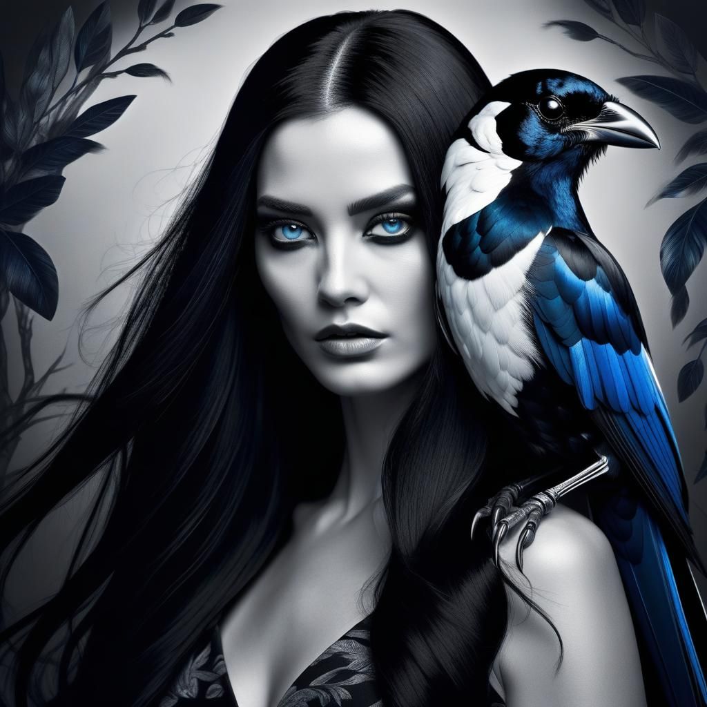 Monochrome Portrait with Magpie in Volumetric Lighting