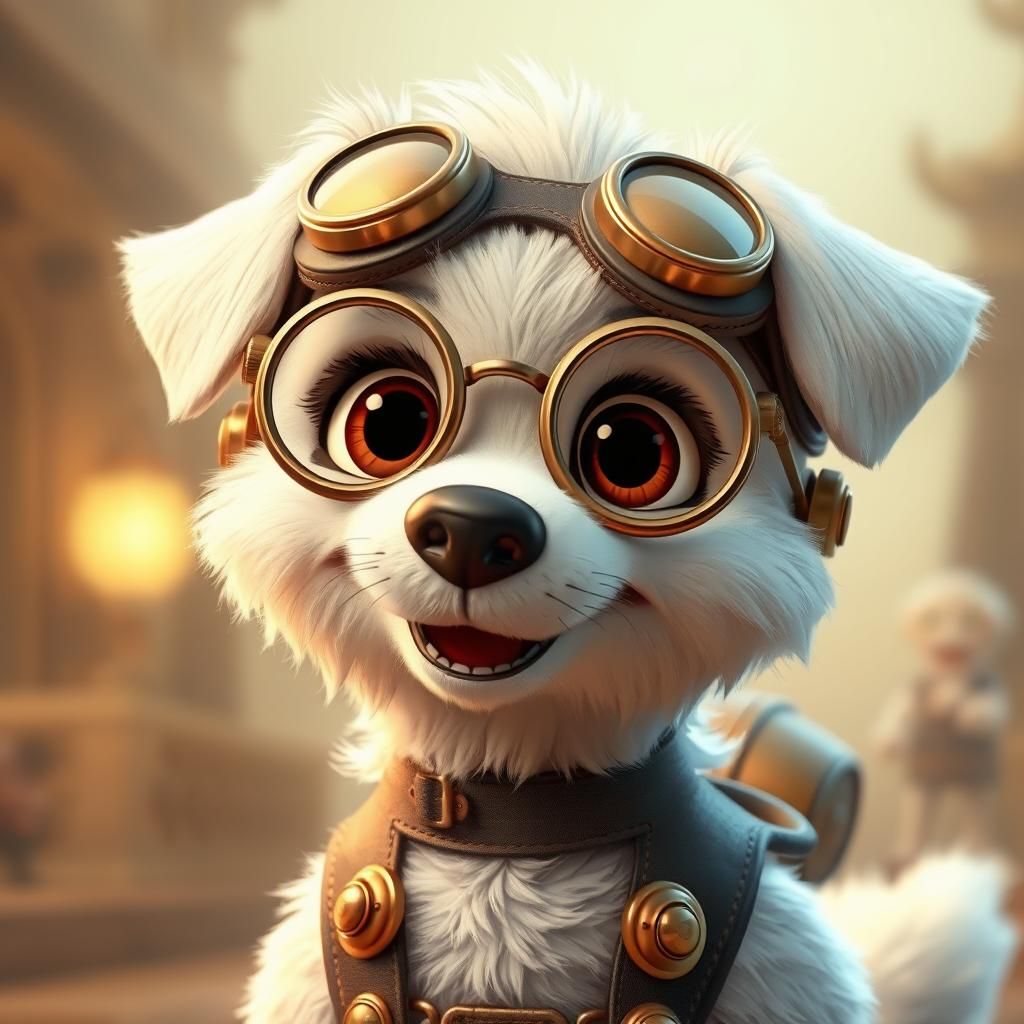 Charming White Dog Aviator in Pixar 3D Animation