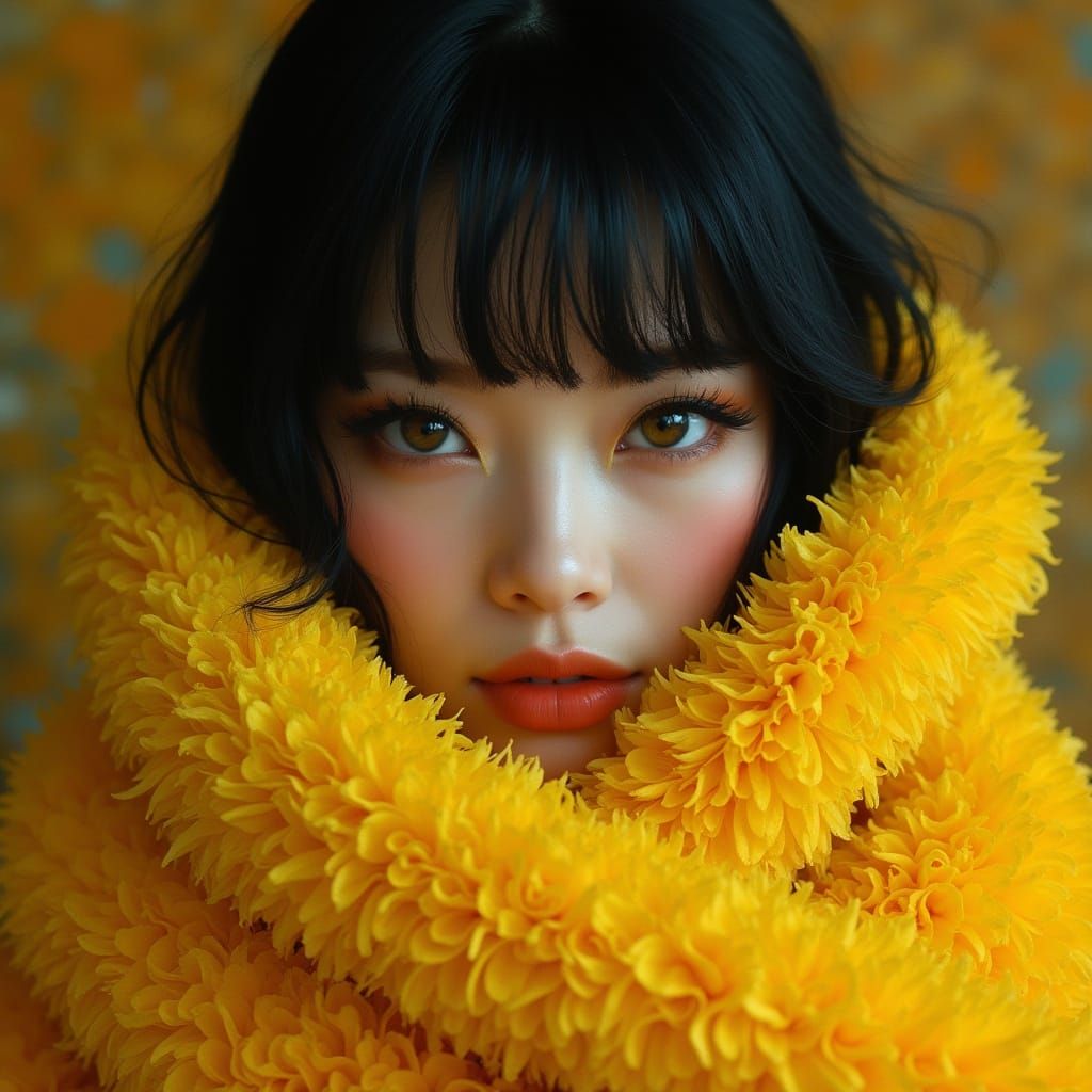 Elegant Woman Enveloped by a Bright Yellow Snake Boa