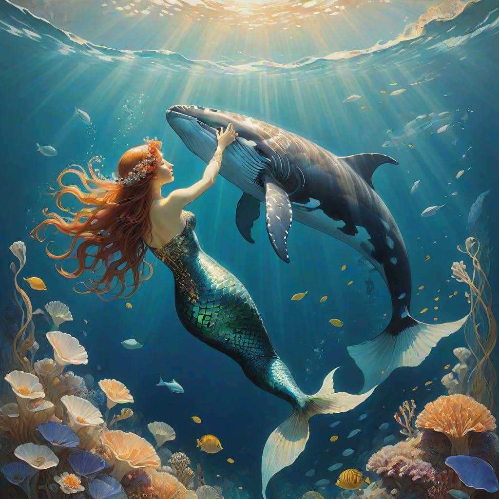 Mermaid and Humpback Whale in Art Nouveau Style